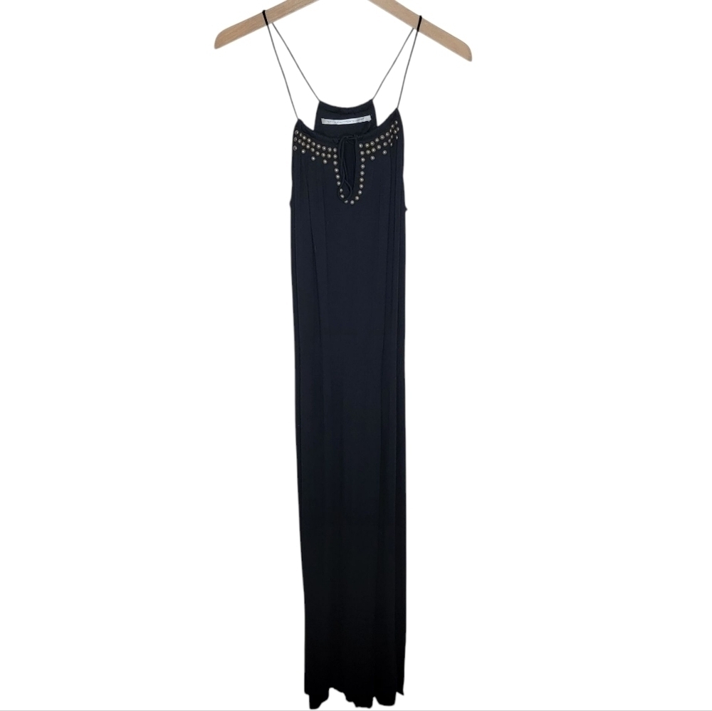 Twelfth Street by Cynthia Vincent | Black Spaghetti Strap Dress Bronze Studs